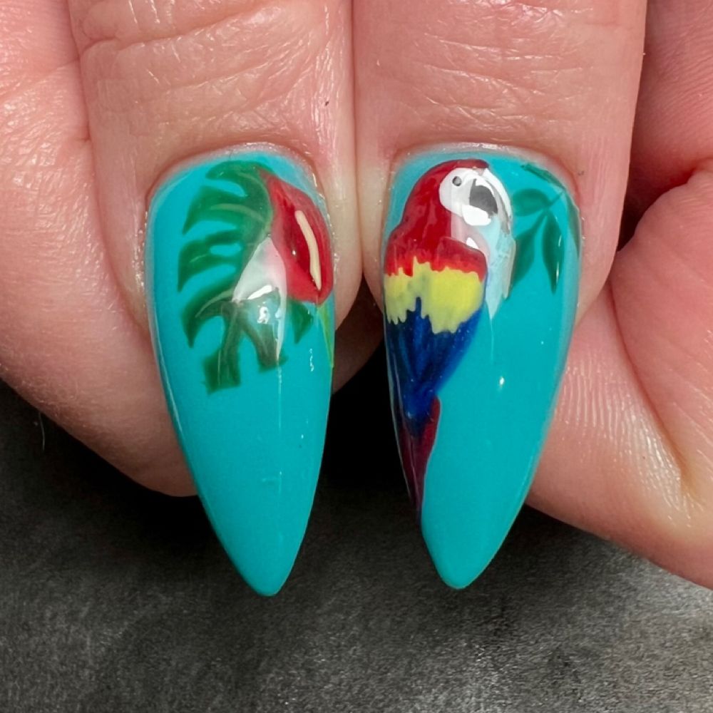 Parrot nail art on teal